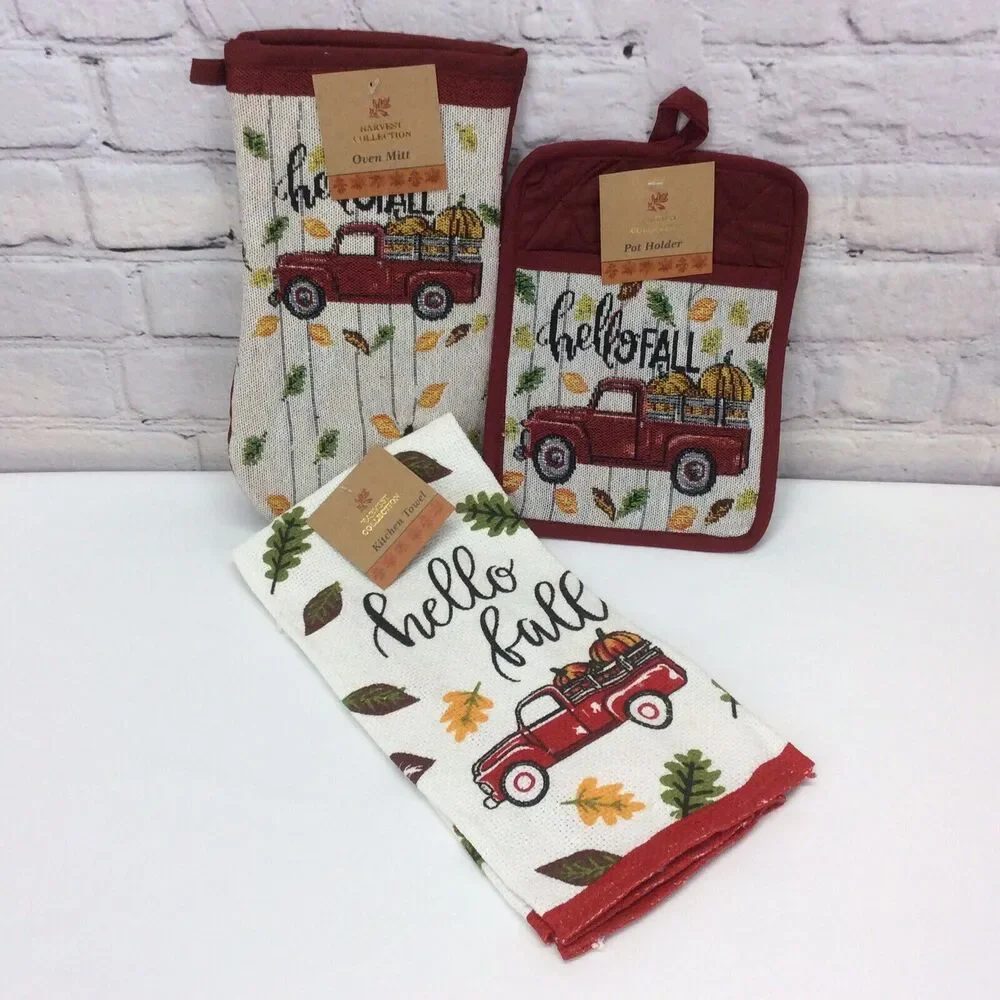 Hello Fall Red Truck 3Pc Kitchen Set Dish Towel/Pot Holder/OvenMitt Multicolored